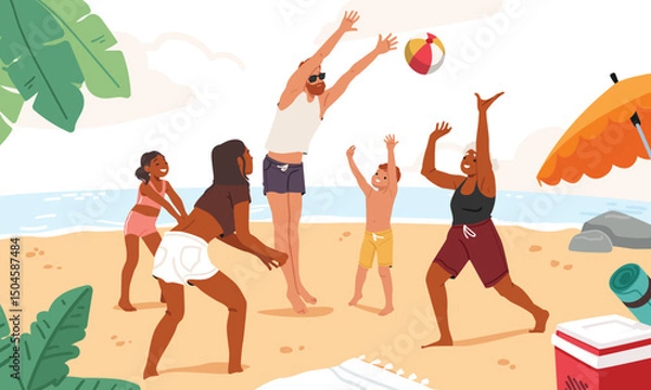 Obraz Happy family characters playing beach volleyball throwing ball to each other cartoon scene