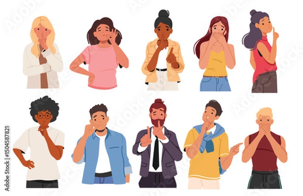 Obraz Diverse people cartoon characters showing be quiet, secrete, silence variety of gesture isolated set