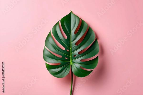 Fototapeta Tropical Monstera Leaf in Soft Light — Minimalist Aesthetic on Clean Neutral Background. aspect ratio 3:2