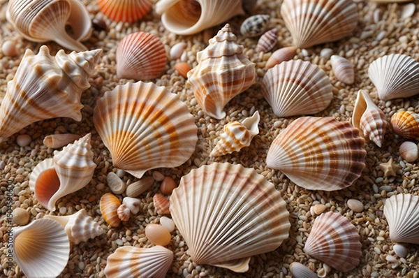 Fototapeta Close-Up of Seashells and Sand — Natural Summer Beach Texture Background

