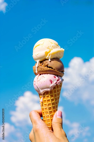 Fototapeta Ice Cream Cone with Melting Scoops against Bright Blue Sky — Summer Treat Concept aspect ratio 2:3