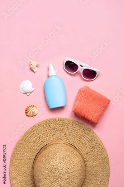 Fototapeta Summer Vacation Essentials on Tropical Beach — Top View Composition with Towel, Hat, and Sunglasses

