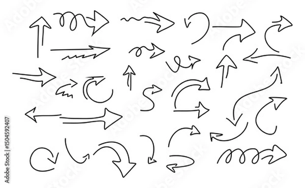 Obraz Hand-drawn black arrows with cute curves and a scribbled texture. Against a solid white background, these arrows point in different directions.