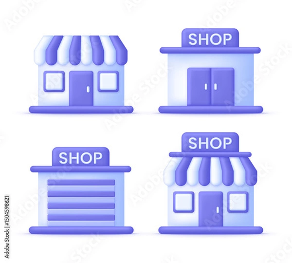 Obraz 3D Set of stores icons. Renting or selling a store. Realtor for buyers. Online shopping concept. Business and commerce.