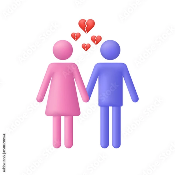 Obraz 3D A man and a woman broke up. Red heart cracked and broken. Divorce and broken heart concept.