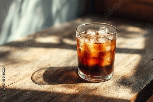 Fototapeta Iced Coffee Bliss: A close-up shot of an iced coffee beverage in a clear glass, with ice cubes shimmering in the morning sunlight, sitting on a rough wooden table casting shadows.