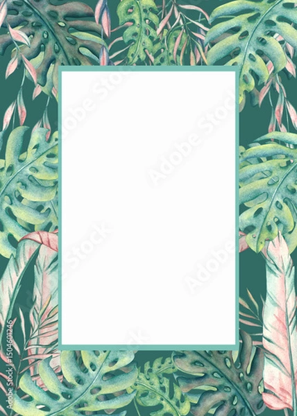 Obraz Watercolor Tropical Leaves Frame. Illustration with green palm leaves and leaves monstera. Tropical plants for decor, postcard, invitation. Abstract background for save the date, wedding ceremony