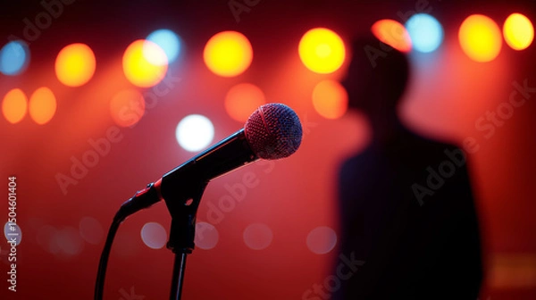 Fototapeta Microphone in focus with blurred performer on stage and colorful concert lights in the background.
