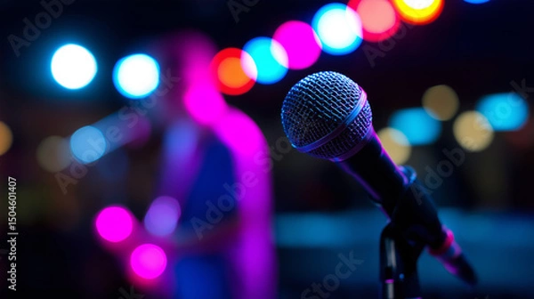 Fototapeta Close-up of microphone on stage with colorful concert lights and blurry performer in background.
