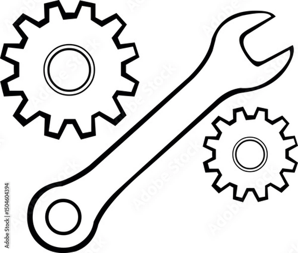 Obraz vector illustration drawing black and white icon nut wrench and gears in mechanical engineering or repair concept