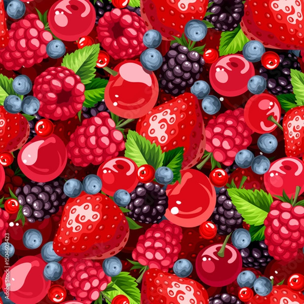 Obraz Seamless background with strawberry, raspberry, blackberry, cherry, blueberry, and currant berry. Vector food print