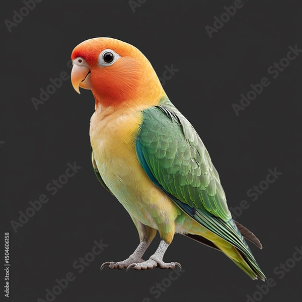 Fototapeta A peach faced lovebird standing with its colorful plumage on a gray background in a studio shot