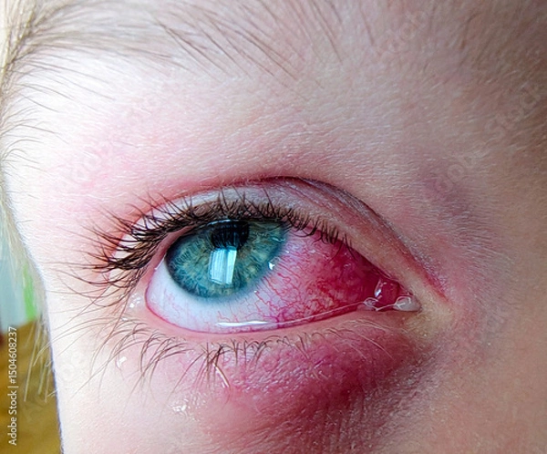 Fototapeta Close-up of irritated blue eye with redness and swelling. Eye infection or allergic reaction. Allergies and seasonal illness, timely access to medical treatment. Child health and digital eye strain