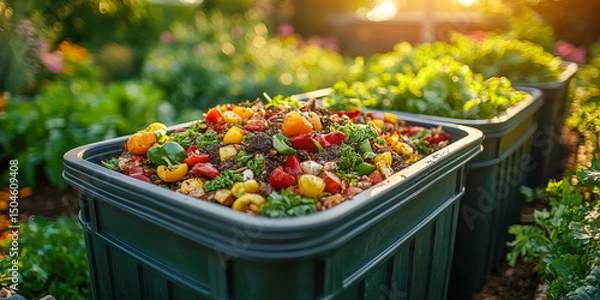 Fototapeta Open top plastic bins filled with colorful compost materials in a vibrant garden setting during golden hour