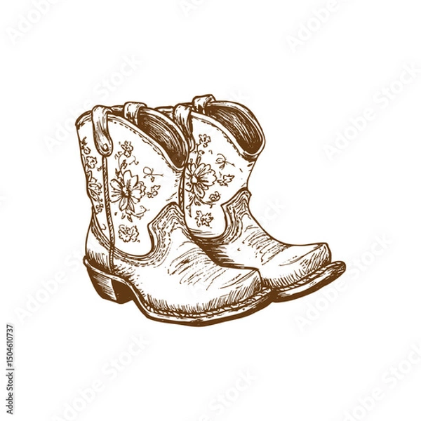 Fototapeta Wild West rodeo cowboy footwear ink vector clipart. Floral cowgirl boots in vintage western style.