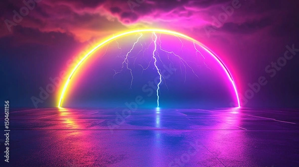 Fototapeta Glowing arc with lightning strikes in a colorful abstract landscape with a reflective surface