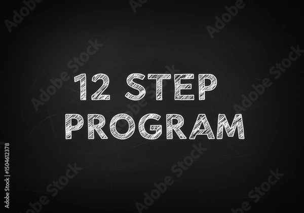 Fototapeta Phrase "12 Step Program" written in white chalk on blackboard. Concept related to recovery, support systems, or personal development steps.