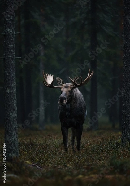 Fototapeta Majestic moose standing in a forest clearing, looking toward camera. Wildlife nature scene symbolizing wilderness, freedom, or forest life.