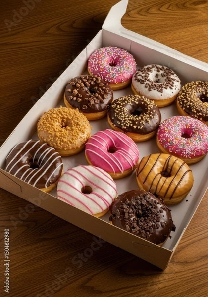Fototapeta Box of colorful donuts with chocolate, pink, and white icing. Great for bakery ads, food delivery platforms, or confectionery product visuals.