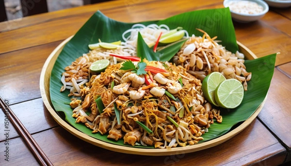 Obraz Pad Thai with Chan noodles in a round tray lined with banana leaves on a Thai-style wooden table with wooden chopsticks on the side.