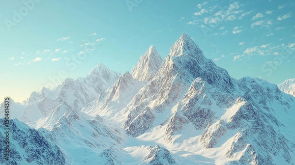 Fototapeta Snowy mountain range under a bright blue sky with scattered clouds on a sunny day landscape view