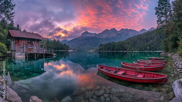 Fototapeta Lake view with boathouse red boats mountains and colorful sky at sunset reflecting on the water surface