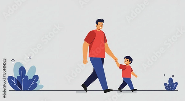 Obraz Happy father and son holding hands while walking in a playful outdoor environment 