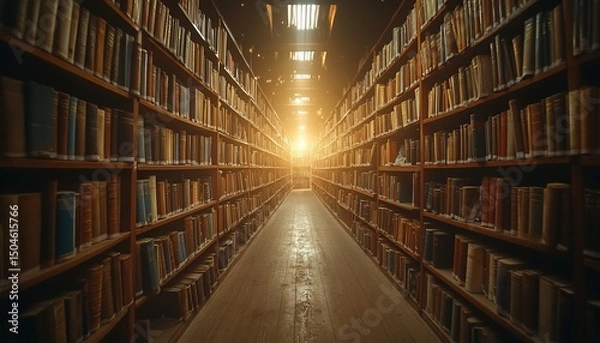 Fototapeta A long library aisle with wooden bookshelves containing many old books and lighting