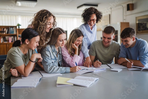 Obraz Group of high school students work on project with teacher in library