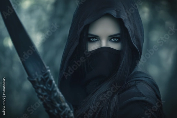 Fototapeta Female elf ranger in dark clothes at dusk in a forest