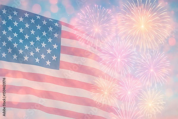 Fototapeta Patriotic american flag with fireworks for independence day celebration USA Independence Day, Fourth of July, Labor Day and Veterans Day