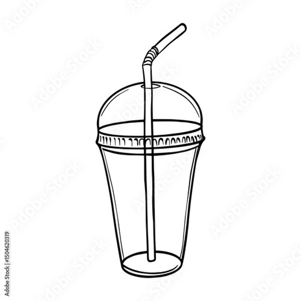 Obraz Empty Plastic cup with a straw for cold lemonade sketch. Cold drink to go outline drawing painted by black inks. Hand drawn vector illustration on white. Cocktail hand drawn eps. Decoration for menus