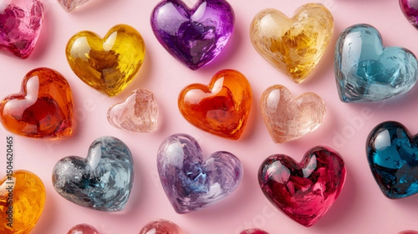 Obraz Colorful glass heart decorations on soft pink background, perfect for Valentine’s Day, love-themed designs, romantic celebrations, crafts, greeting cards, and digital design projects


