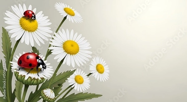 Obraz A bouquet of white daisies with two red ladybugs on petals. Spring and summer nature scene for greeting card background and banner design with copy space