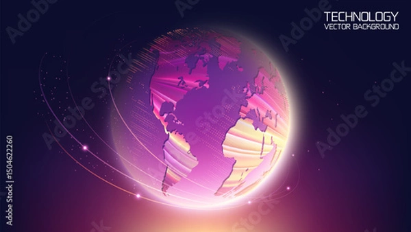 Fototapeta Bright technological vector background. Planet Earth. Abstract technological rings in the orbit of the planet. Global communication system and communication satellites. Religious image. 