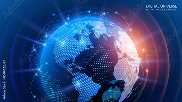 Fototapeta Dark blue vector background. Planet Earth. Abstract technological rings in the orbit of the planet. Global communication system and communication satellites. Religious image. The effect of movement.