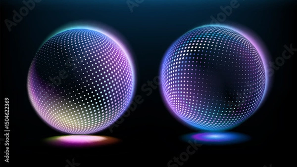 Fototapeta Vector image. Neon spheres with texture. Glow effect. Bright neon colors. Template for poster design.