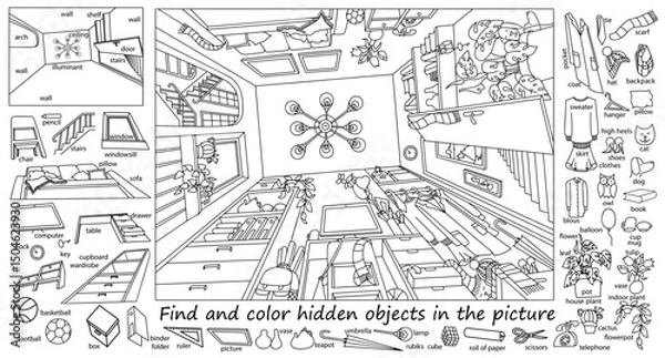 Fototapeta Find and color hidden objects in the picture. Room from bottom to top. Interior with furniture and home objects. Cozy family room. Learning English. Linear sketch vector illustration