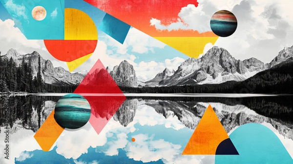 Obraz Surreal mountain landscape with geometric shapes, colorful planets, and mirrored reflections in abstract fantasy collage style

