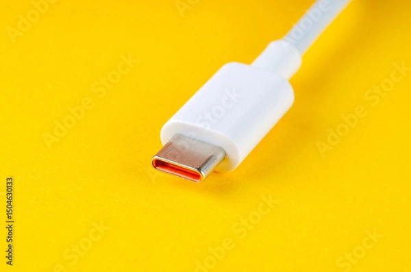 Fototapeta White USB Type-C cable on bright yellow background, macro close-up