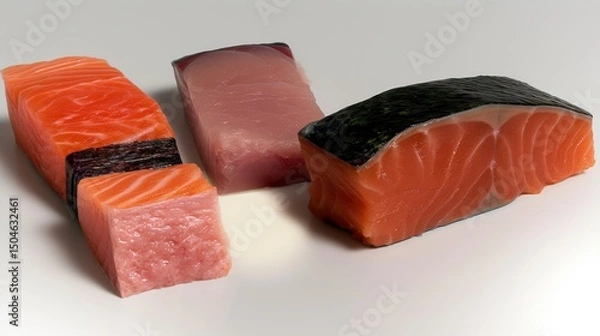 Fototapeta High quality sushi grade salmon varieties on a clean surface showcasing vibrant colors and textures