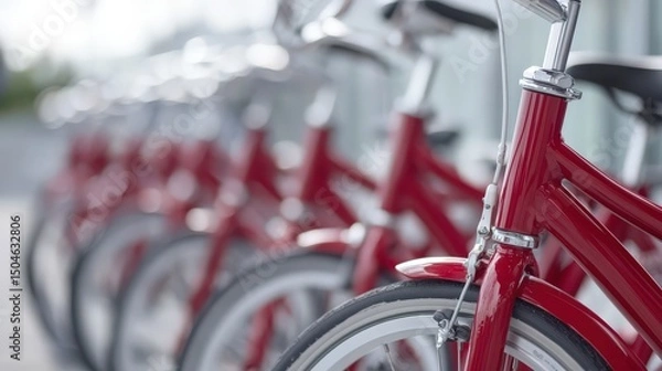 Fototapeta Row of red bicycles in urban setting with soft focus