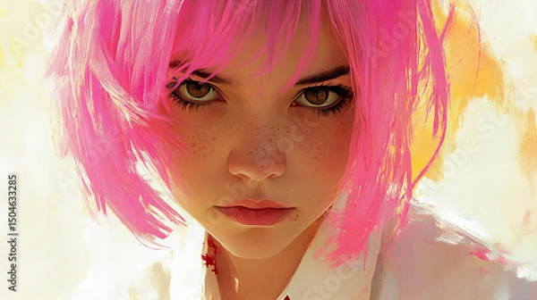 Obraz Digital portrait of a dreamy young woman with short pink hair and turquoise eyes in expressive brushstroke style illustration with soft pastel texture

