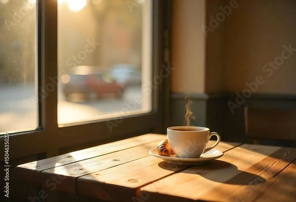 Fototapeta Rustic wooden cafe table with coffee cup and croissant near window, warm daylight casting shadows, empty soft background wall for text, cozy and minimalist atmosphere