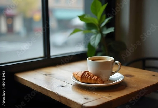 Fototapeta Rustic wooden cafe table with coffee cup and croissant near window, warm daylight casting shadows, empty soft background wall for text, cozy and minimalist atmosphere