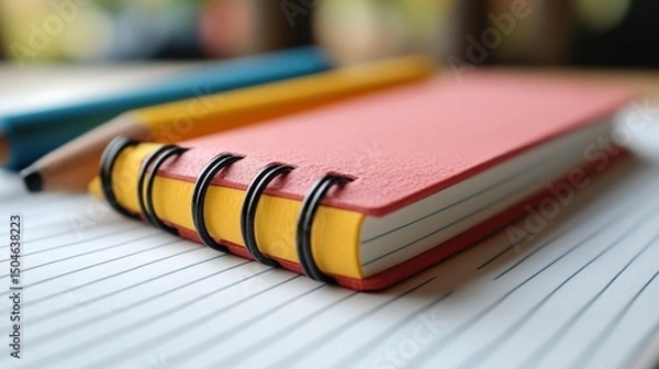 Fototapeta Close up of a colorful notebook and stationery on a table