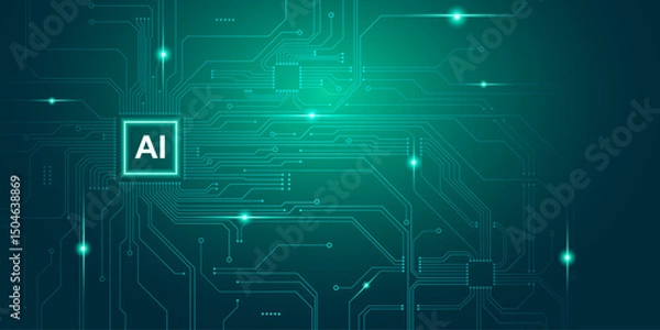 Obraz Dark green gradient electronic circuit pattern background with sparkling laser light. AI chip icon concept and future technology. Art & Illustration