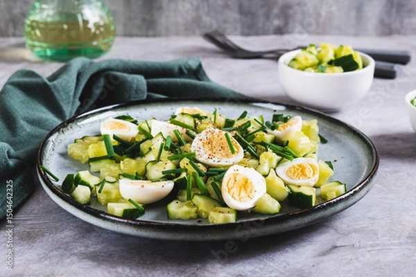 Fototapeta Fresh salad of cucumbers, quail eggs and green onions on a plate on the table