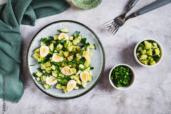 Fototapeta Fresh salad of cucumbers, quail eggs and green onions on a plate on the table top view