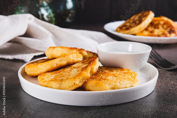 Fototapeta Crispy mashed potato pancakes and gravy on a plate on the table